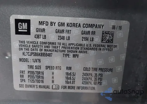 2019 Chevrolet Trax Lt from USA, damaged, VIN KL7CJPSB6KB959487